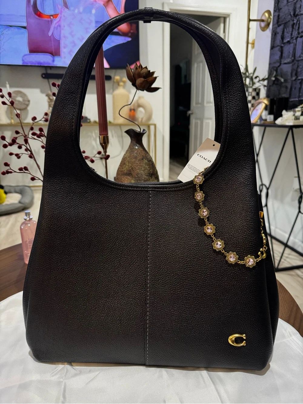 Coach Black Pebbled Leather Hobo with Gold Floral Chain Accent